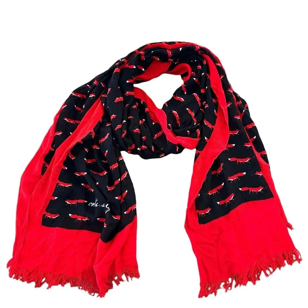NWT Kate Spade New York On the Sly Fox Print Rectangle Scarf Black Red New $98